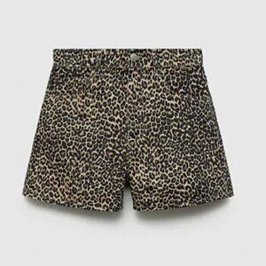 MANGO MNG Women's Leopard-Print Straight Shorts Size 2 Size 24 Denim Shorts